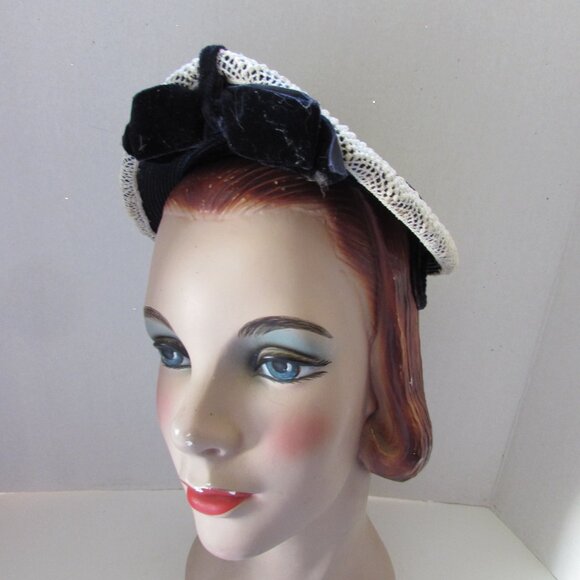 SALE Vintage Mid Century Hat Navy Weave White Trim Tear Drop Shape - Picture 9 of 13